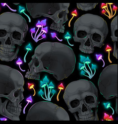 Black Human Skulls And Neon Mushrooms Seamless