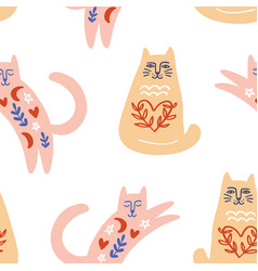 Trendy Folk Art Cats Seamless Pattern Retro Style