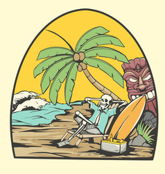 Skeleton Relaxing In Font Of Beach Illus