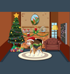 Christmas Holidays With Cute Dog By Fireplace