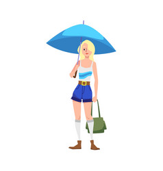 Smiling Blonde Woman Standing Under Blue Umbrella