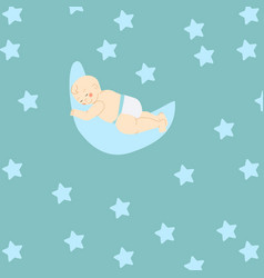 Cute Small Boy On A Moon - Seamless Pattern