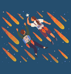 Astronaut Woman And Man With Jet Backpack Flying