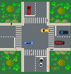 Crossroad Top View With Cars Roads And Crosswalk