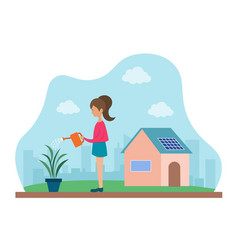 Young Lady Standing Near House And Watering Plant