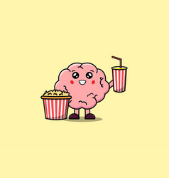 Cute Cartoon Brain With Popcorn And Drink