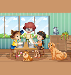 Scene With Three Kids Working On Computer At Home