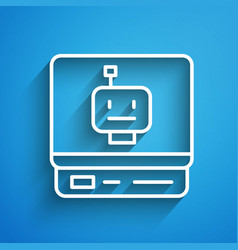 White Line Robot Icon Isolated On Blue Background