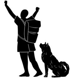 Silhouette Of Man Traveler Or Hiker With Pet Guy