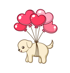 Puppy Floating Tied To Heart Balloons Cartoon