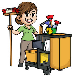 Female Janitor With Cleaning Cart Cartoon Clip Art