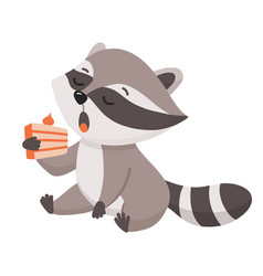 Funny Cute Cartoon Raccoon Eating Cake