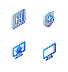 Set Isometric Line Medical Shield With Cross