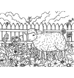 Cartoon Farm Animal Sheep In The Garden Children