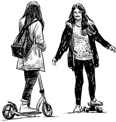 A Sketch Teen Girls With Scooter And Skateboard