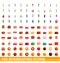 100 Overeating Icons Set Cartoon Style