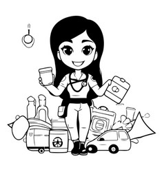 Cute Girl With Set Of Travel Items Cartoon