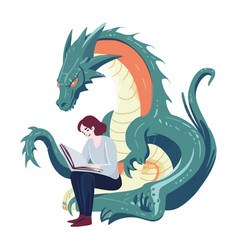 Cute Dragon And Woman Reading Book