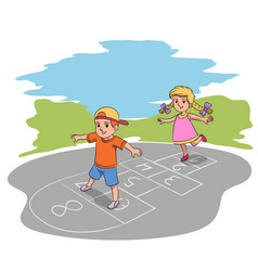 Happy Children Hop Playing Game In Yard On Summer