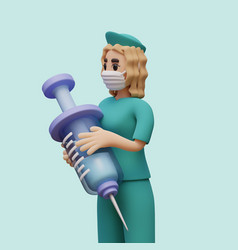 3d Nurse In Medical Mask Holds Giant Syringe