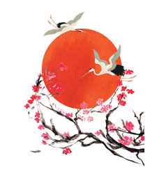 Crane Birds Cherry Blossom Flower And Red Circle