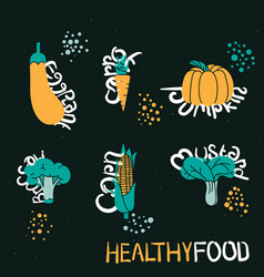 Flat Vegetables Design In Dark Green Background