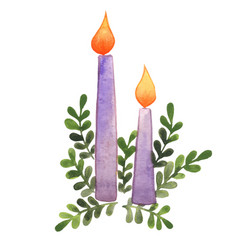 Purple Candle With Fern Leaves Watercolor