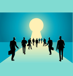 Businessmen Walking Into Keyhole With Bright Light