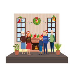 Family In Livingroom With Christmas Decoration