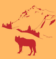 Wolf Looking At Mountains And Forest Hand Drawn