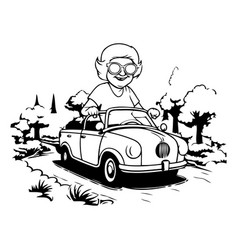 Old Man Driving A Vintage Car In The Landscape