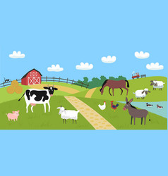 Landscape With Red Farm And Animals Cow Sheep