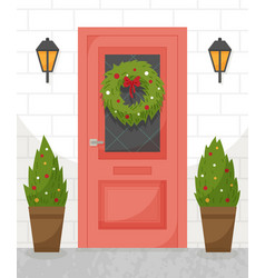 Red Door With Christmas Wreath Snow And Fir