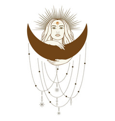 Hand Drawn Mystical Woman With Sun Moon Star