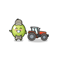 Olive Farmer Mascot Standing Beside A Tractor