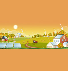 Autumn Landscape With Solar Panels Wind Turbines