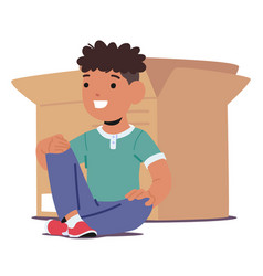 Cheerful Cartoon Boy With Curly Hair Sitting