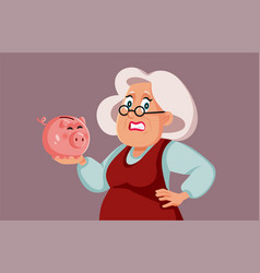 Worried Elderly Woman Holding A Piggy Bank