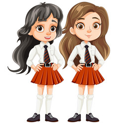 Two Cute Female Friends In School Uniform Cartoon