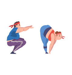 Overweight Man And Woman Character Doing Squats