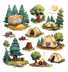 Camping Cartoon Scenery Set Camp Tent Bonfire