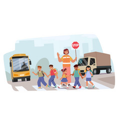 Group Of Cartoon Children Crossing The Street With