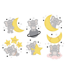 Set Of Isolated Sleeping Elephants With Moon