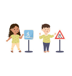 Little Girl And Boy Pedestrian Learning Road Sign