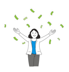 Business Woman Open Arm With Money Falling