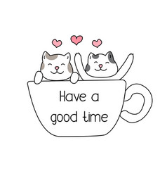 Happy Cats And Cup Have A Good Time Hand Drawn