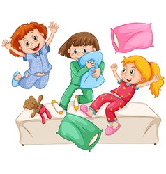 Two girls playing pillow fight at slumber party Vector Image