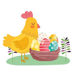 Happy Easter Hen With Basket Filled Eggs