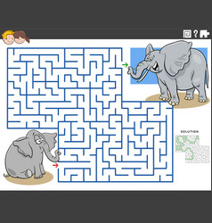 Maze Game With Cartoon Baby Elephant With Mom