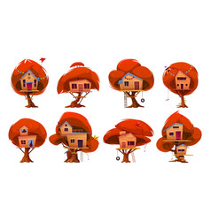 Autumn Wood Tree House With Ladder Cartoon Set